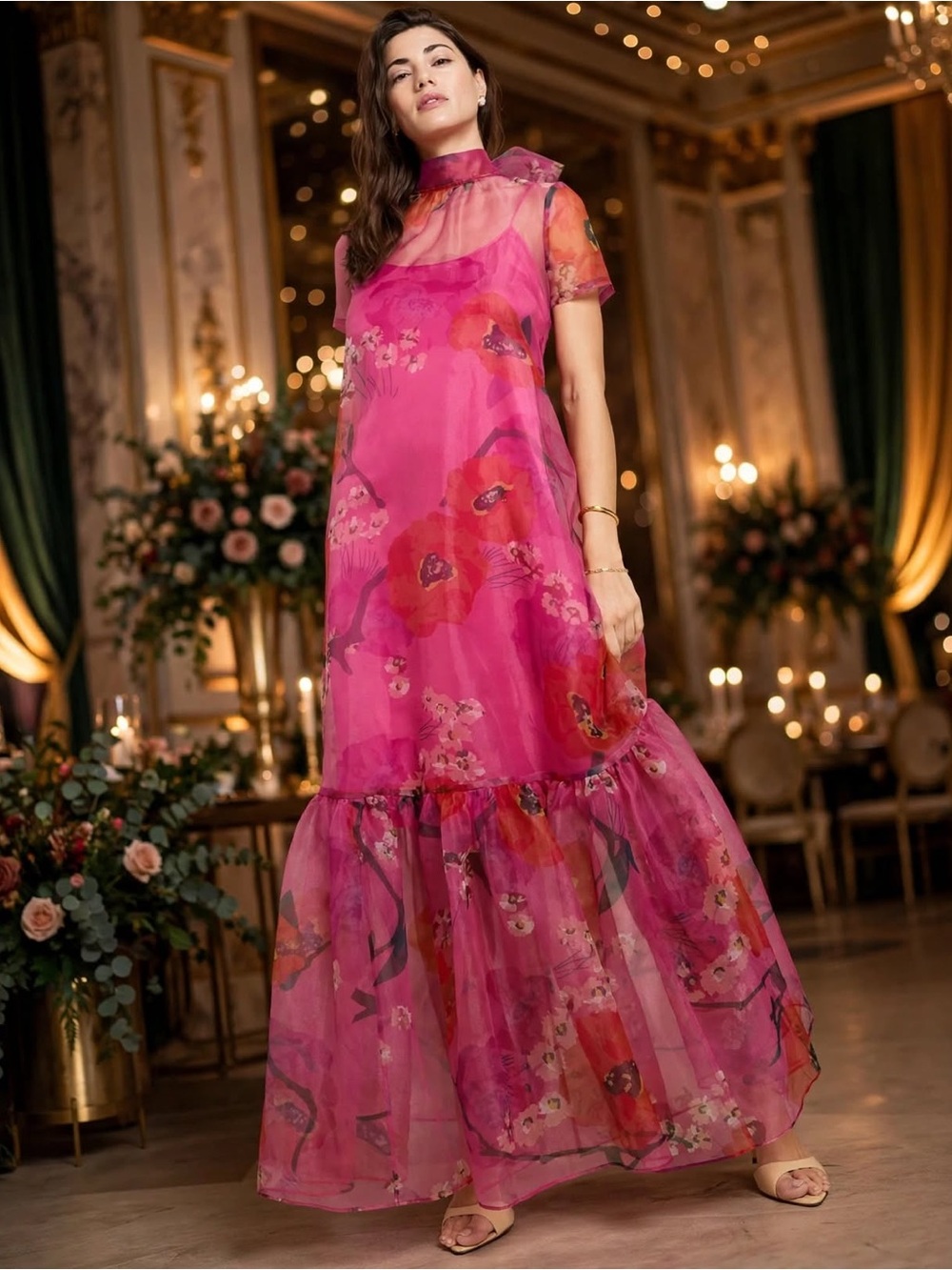 CAARA Melody Dress Pink Floral High-Neck Maxi Dress Sz S NWT